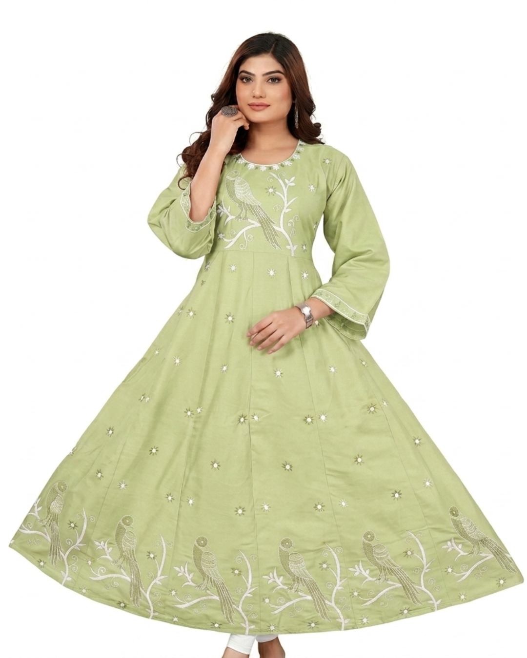 Kasturi Pure Cotton Embroidered Bird Print Flared Kurti e1
