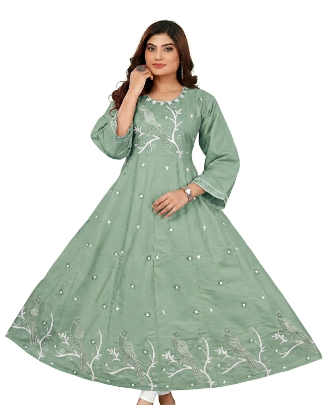 Kasturi Pure Cotton Embroidered Bird Print Flared Kurti E1