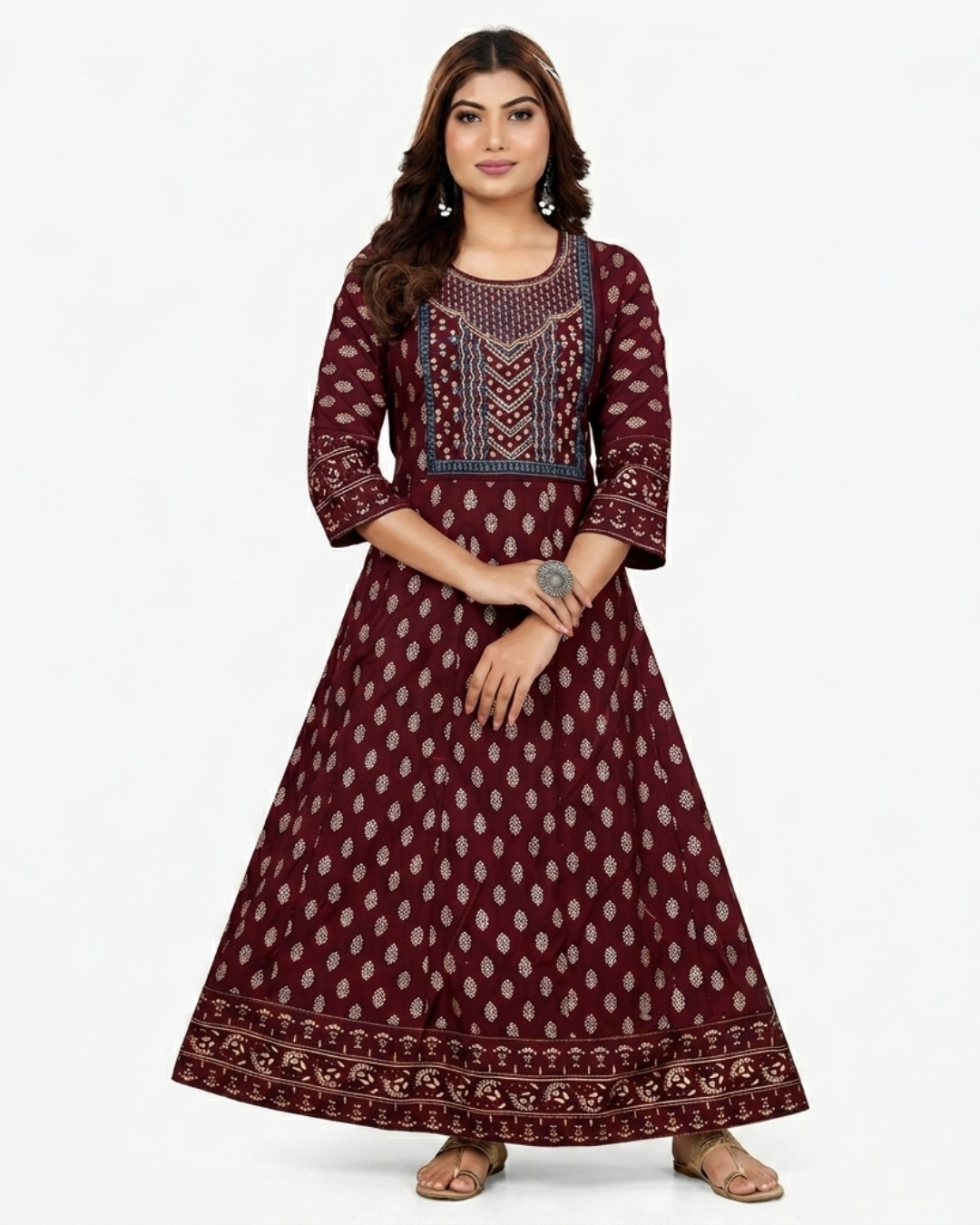 Rani Rayon Printed Flared Kurti with Embroidered Yoke c1