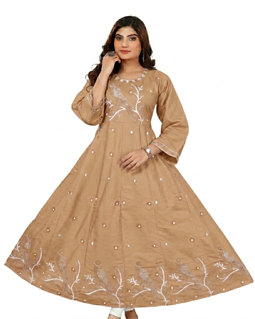 Kasturi Pure Cotton Embroidered Bird Print Flared Kurti E1