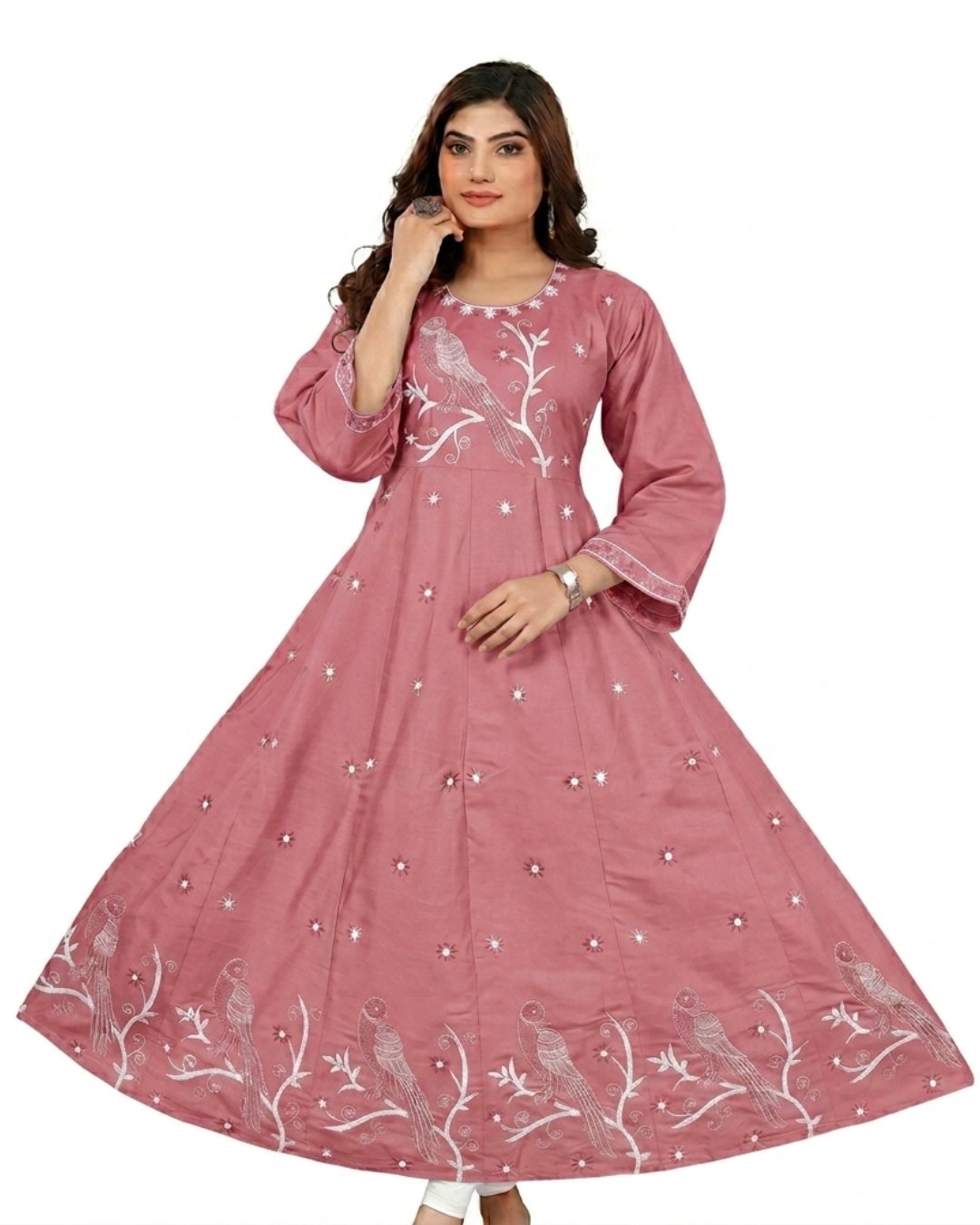 Kasturi Pure Cotton Embroidered Bird Print Flared Kurti e1